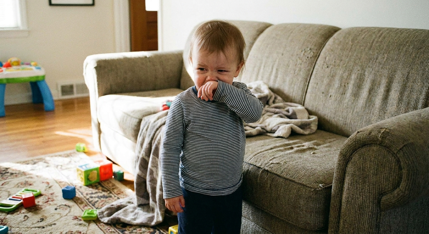 A toddler indoors wiping their nose with their sleeve while standing near a couch, realistic photo