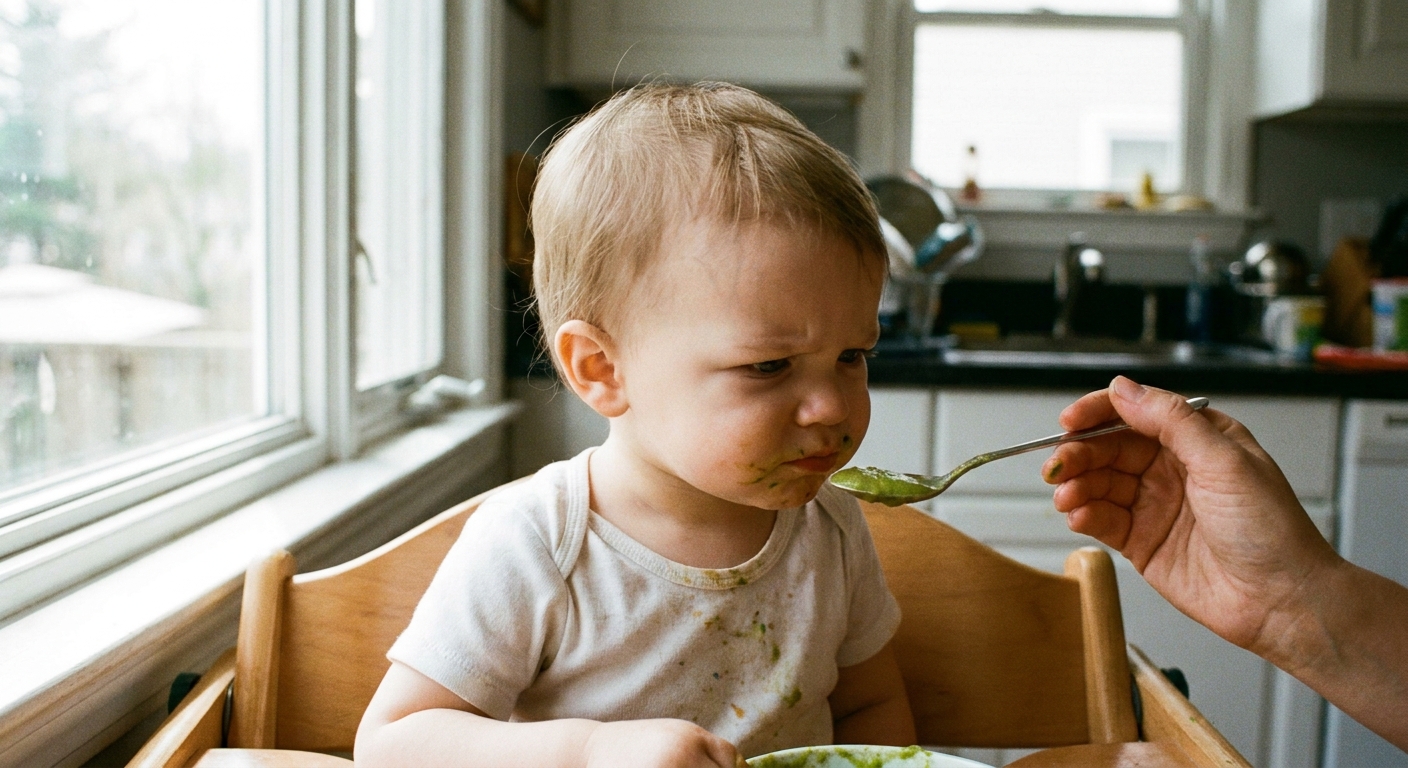 A toddler looking closely at a new food on a spoon with a wary expression, seated in a high chair at home, natural window light