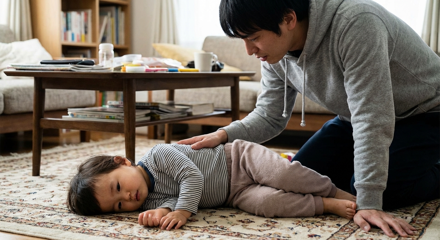 A toddler lying on their side on a carpeted living room floor in the recovery position while a parent kneels nearby watching their breathing, real-life candid photo