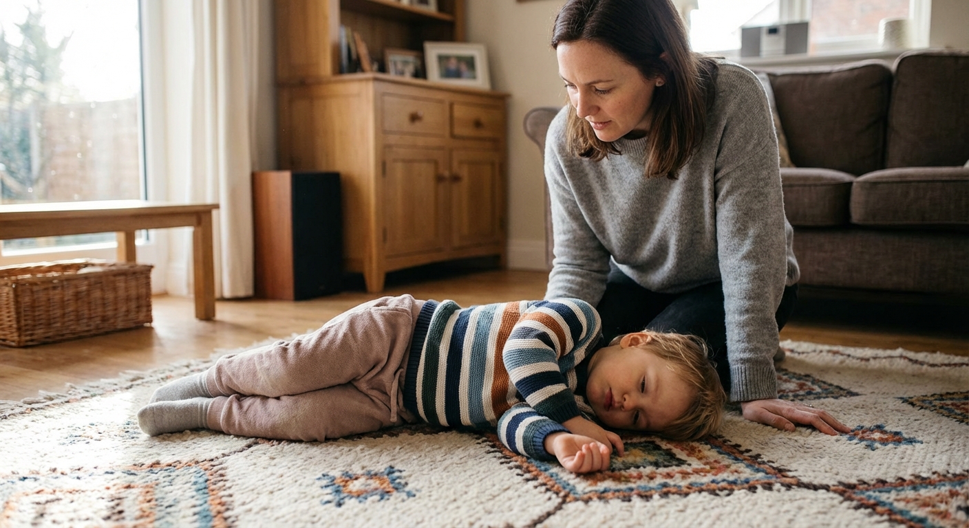 A toddler lying safely on their side in the recovery position on a living room rug while a parent kneels nearby watching closely, natural indoor light, realistic photo