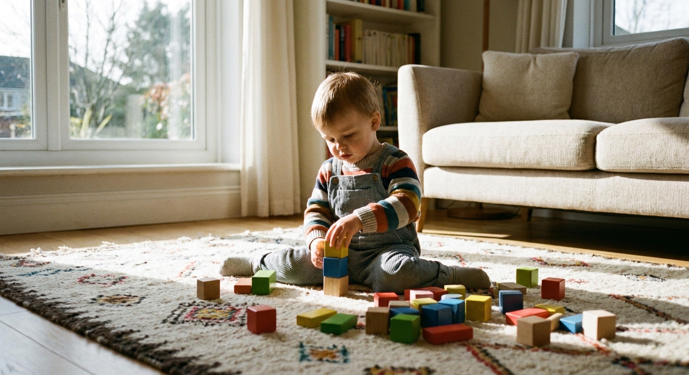 A toddler playing with blocks on a living room rug while sitting in a W position with knees bent and feet behind them, natural indoor light, candid photo