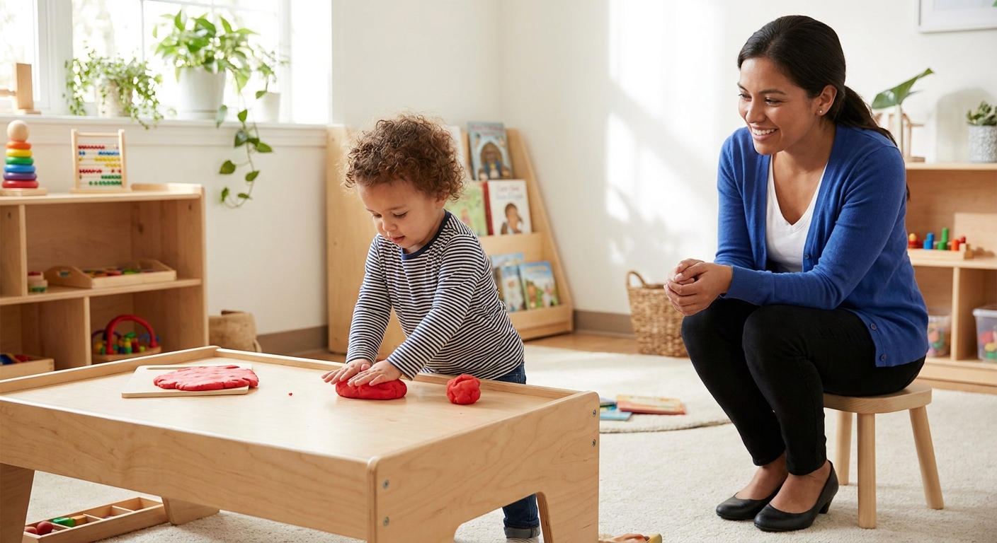 A toddler pressing modeling dough on a small daycare table while a caregiver supervises nearby, natural classroom photo style