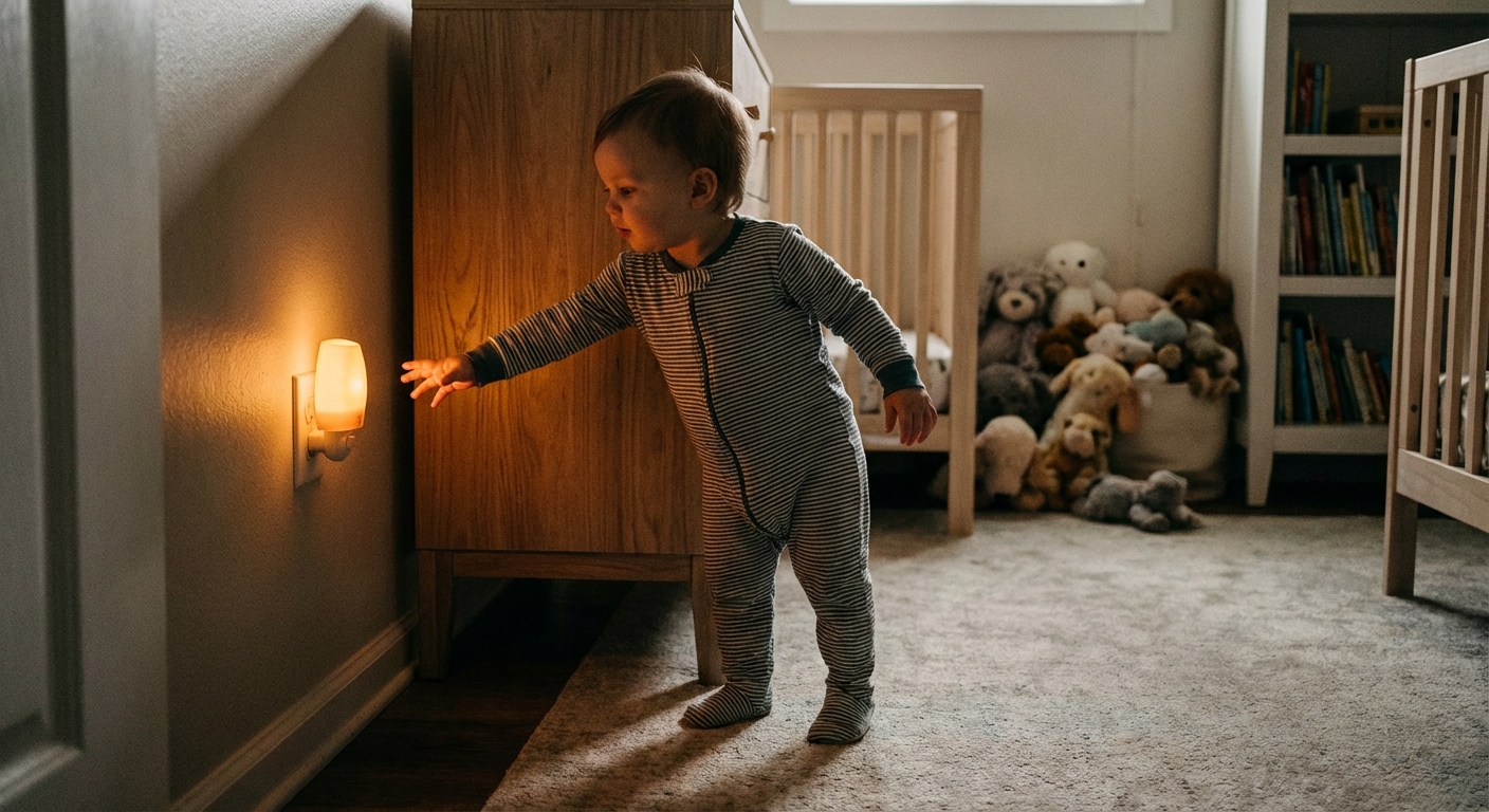 A toddler reaching toward a small warm amber nightlight plugged into a wall outlet in a child’s bedroom, soft shadows, realistic indoor photo