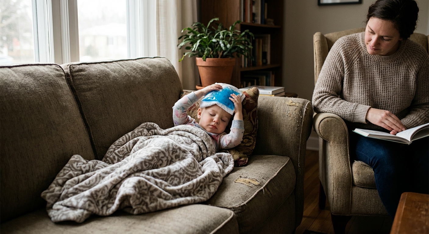 A toddler resting on a couch with a wrapped ice pack held gently against the forehead while a parent sits nearby, natural indoor photo