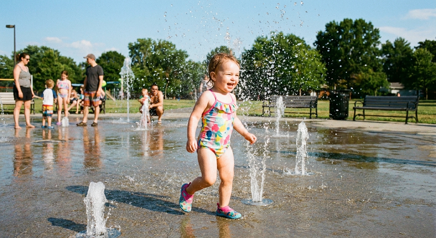 A toddler running through ground-level water jets at a public splash pad on a sunny day, real-life photo