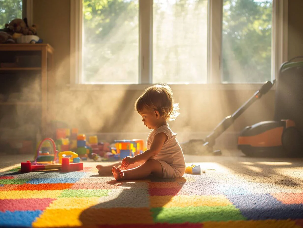 A toddler sitting and playing with blocks barefoot on a soft rug, feet visible in a relaxed position, warm indoor lighting