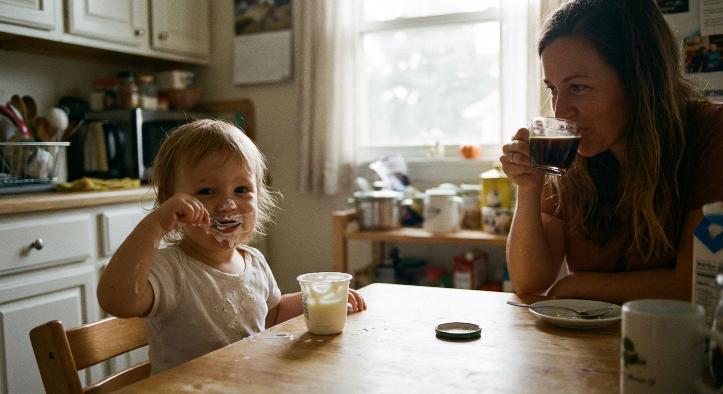 A toddler sitting at a kitchen table eating plain yogurt with a small spoon while a caregiver sits nearby, soft morning light, realistic home photo