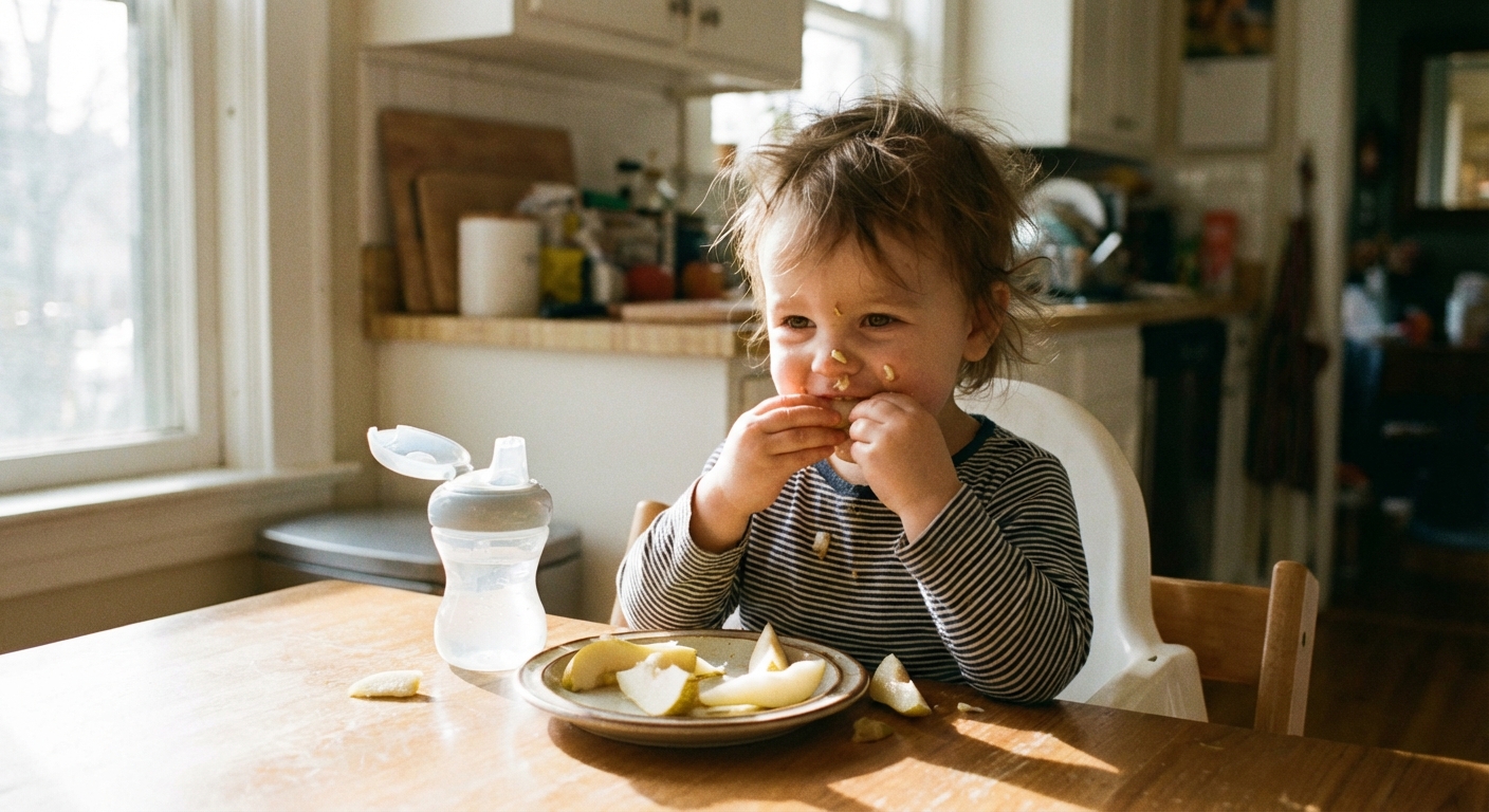 A toddler sitting at a kitchen table eating sliced pears from a small plate with a spill-proof cup nearby, warm natural window light, candid family photo