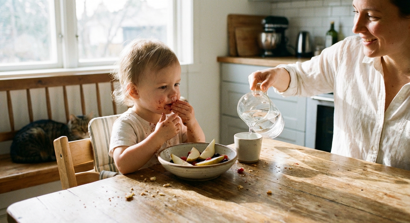 A toddler sitting at a kitchen table eating sliced pears and berries from a small bowl while a parent pours water into a cup, bright natural daylight, photorealistic lifestyle photo