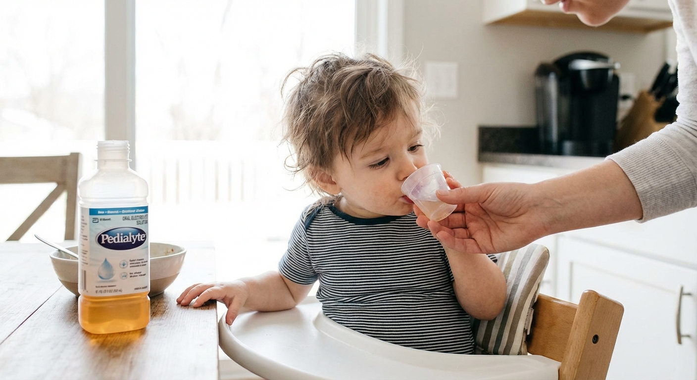 A toddler sitting at a kitchen table sipping from a small cup while a parent’s hand steadies the cup, a bottle of oral rehydration solution on the table, bright natural daylight