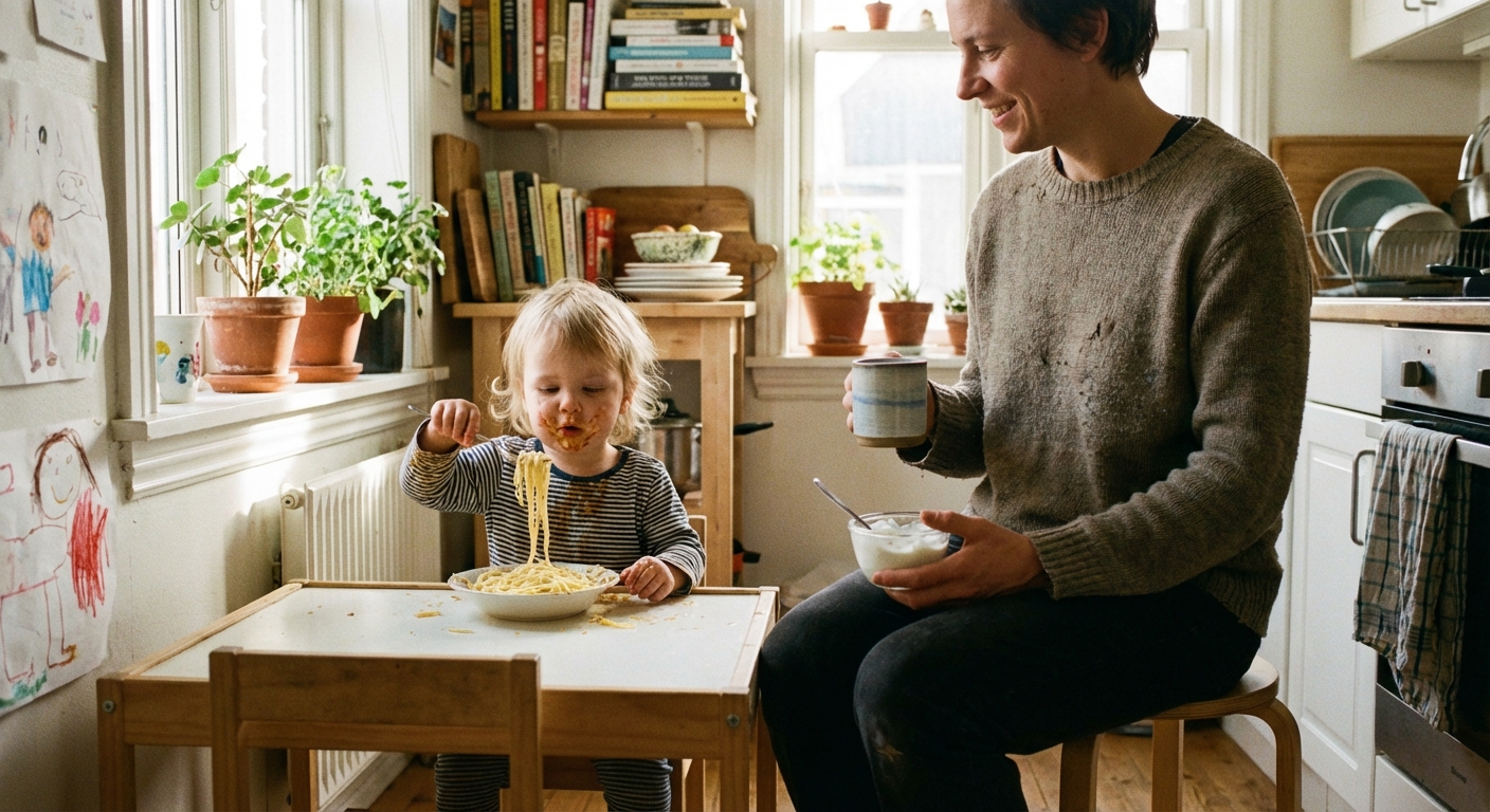A toddler sitting at a small table eating plain pasta with a fork while a parent sits nearby with a cup of water and a small bowl of yogurt, cozy home kitchen, candid realistic photo