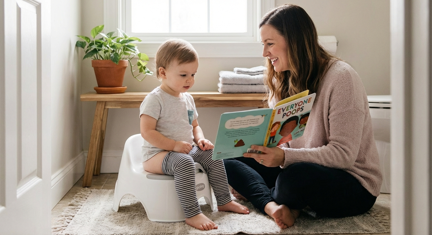 A toddler sitting clothed on a small potty chair in a bathroom while a parent sits nearby on the floor reading a picture book, calm supportive moment, natural indoor light