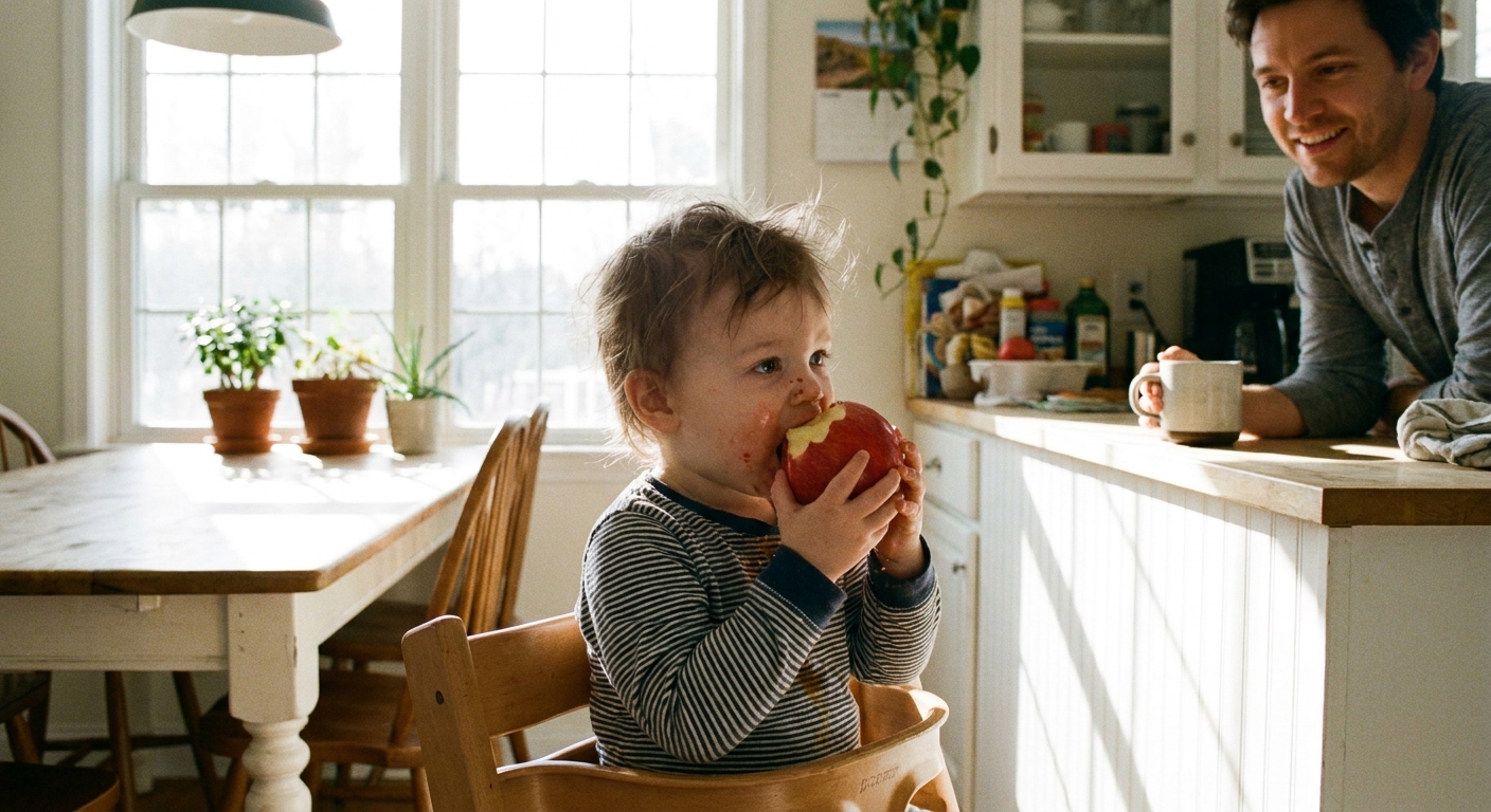 A toddler sitting in a bright kitchen taking a bite of a fresh raw apple while a parent watches nearby, real-life candid photo
