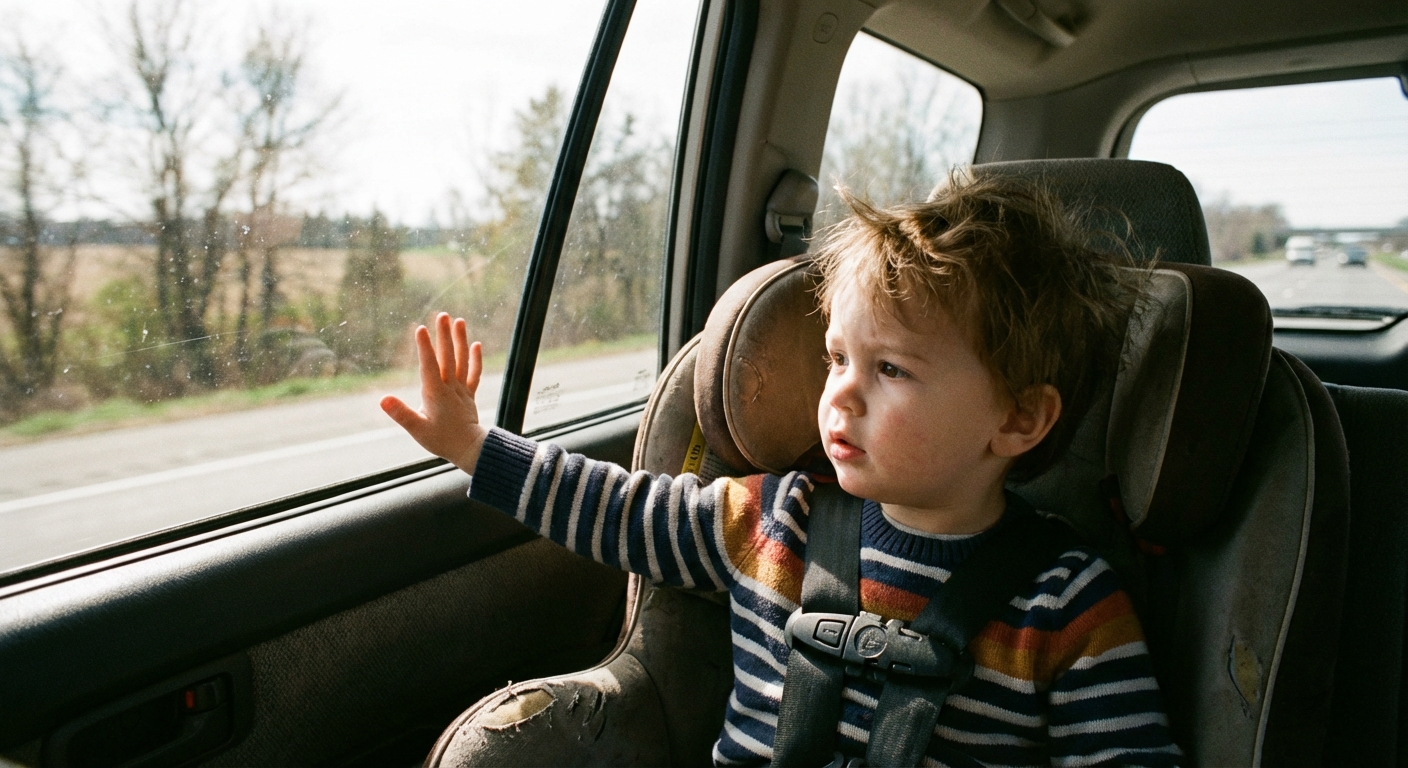 A toddler sitting in a car seat looking out the window on a daytime drive, candid photo style with natural light