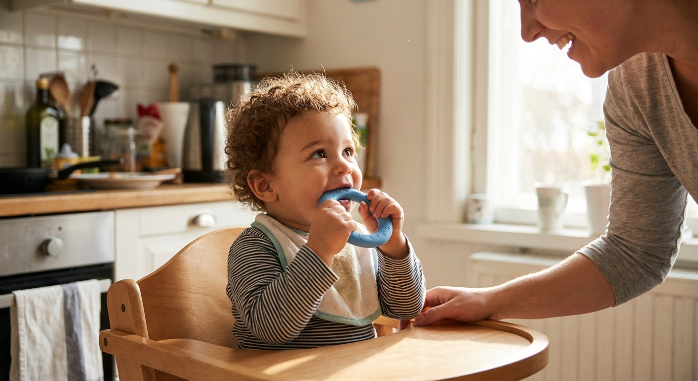 A toddler sitting in a high chair chewing on a simple silicone teether while looking up at a parent, bright kitchen daylight, photorealistic candid photo