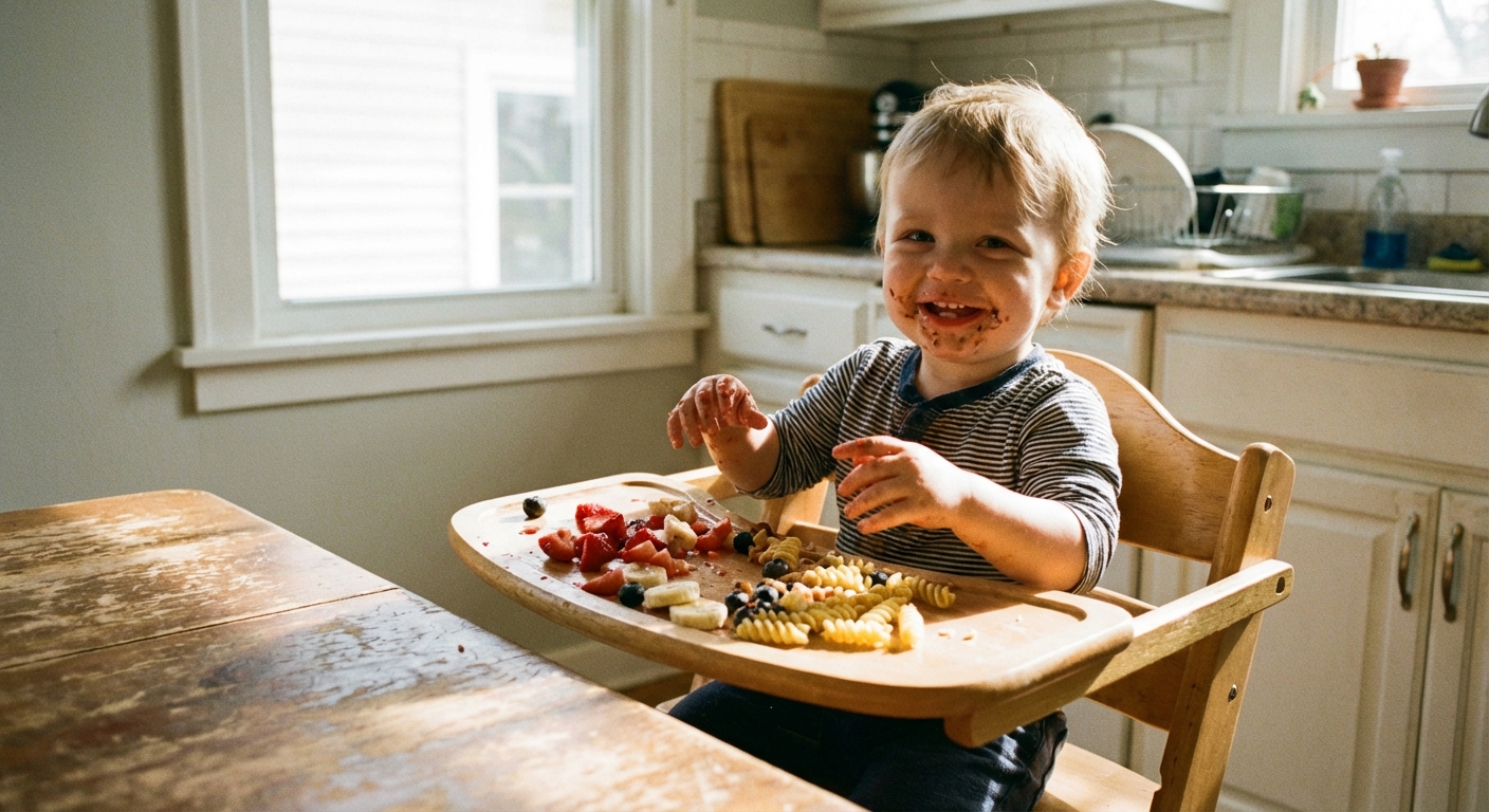 A toddler sitting in a high chair eating lunch with small pieces of fruit and pasta on a tray, daylight kitchen scene, photorealistic