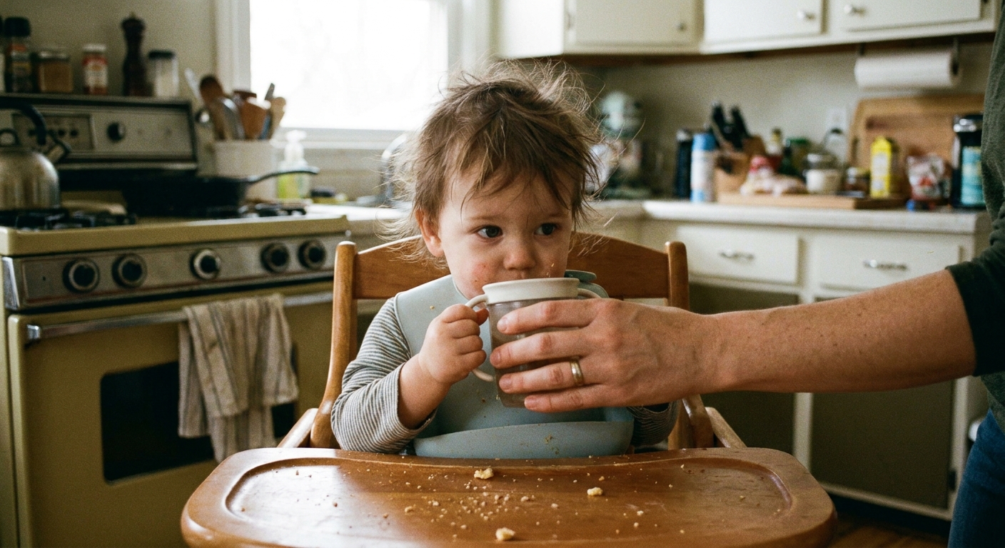 A toddler sitting in a kitchen high chair taking small sips from a cup while a parent’s hand steadies it, realistic photo