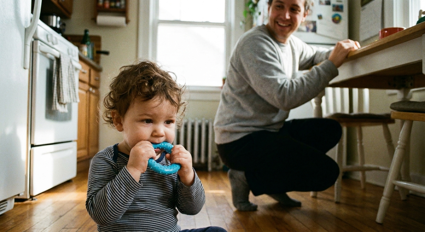 A toddler sitting in a kitchen holding a teething toy near their mouth with a parent nearby, candid real photograph