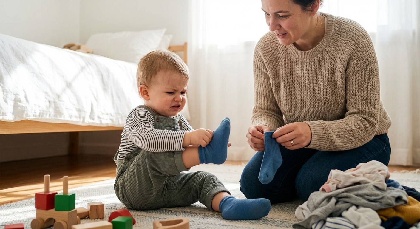 A toddler sitting on a bedroom floor pulling at a sock with a frustrated expression while a parent kneels nearby holding a second sock, natural indoor photo