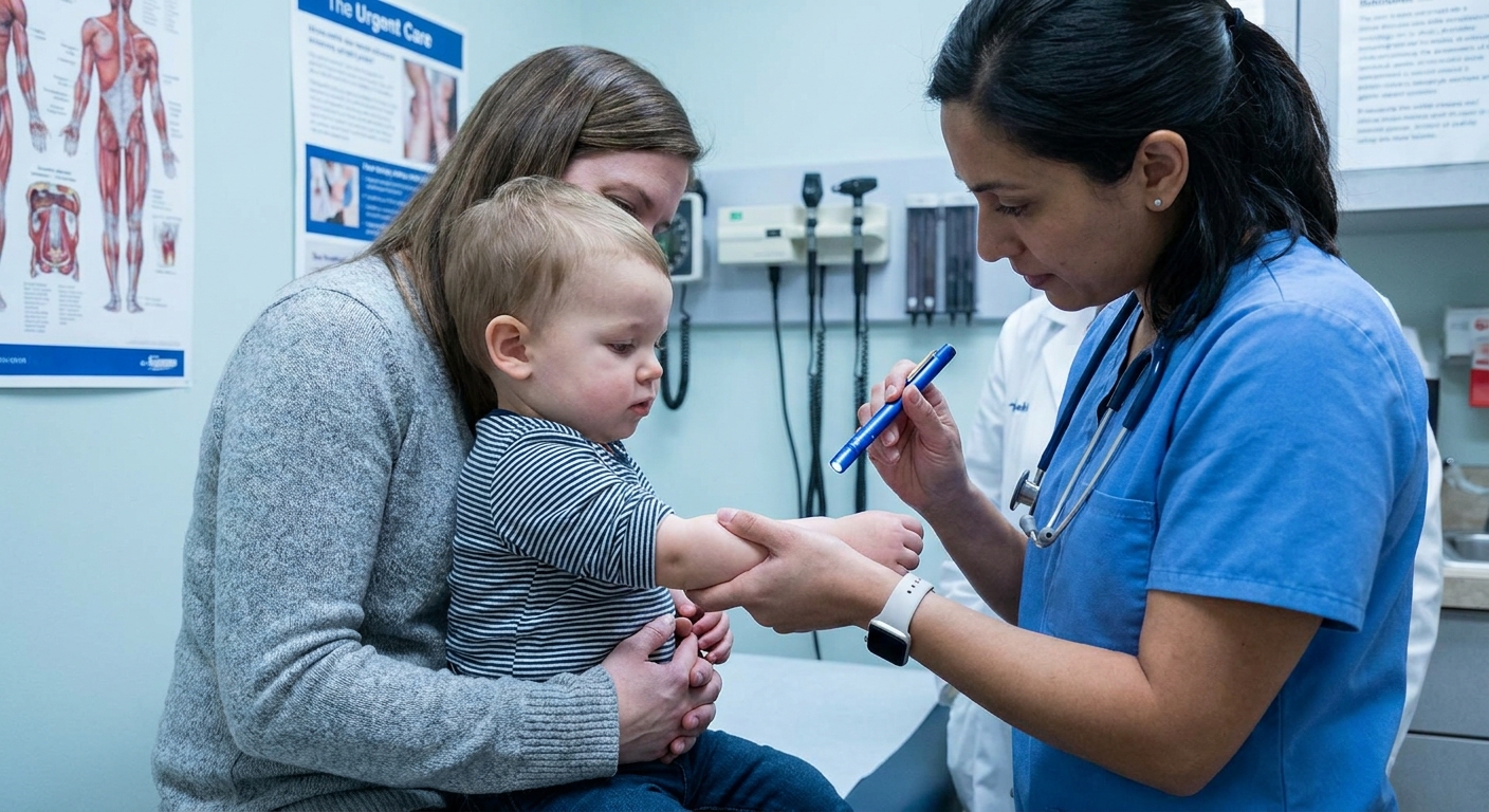 A toddler sitting on a caregiver's lap in an urgent care exam room while a clinician gently supports the child's forearm and checks the wrist, realistic medical photo