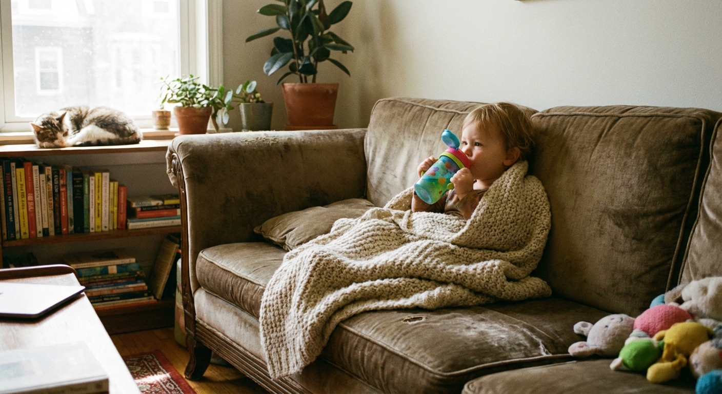 A toddler sitting on a couch drinking water from a spill-proof cup while wrapped in a soft blanket, cozy home setting, natural light