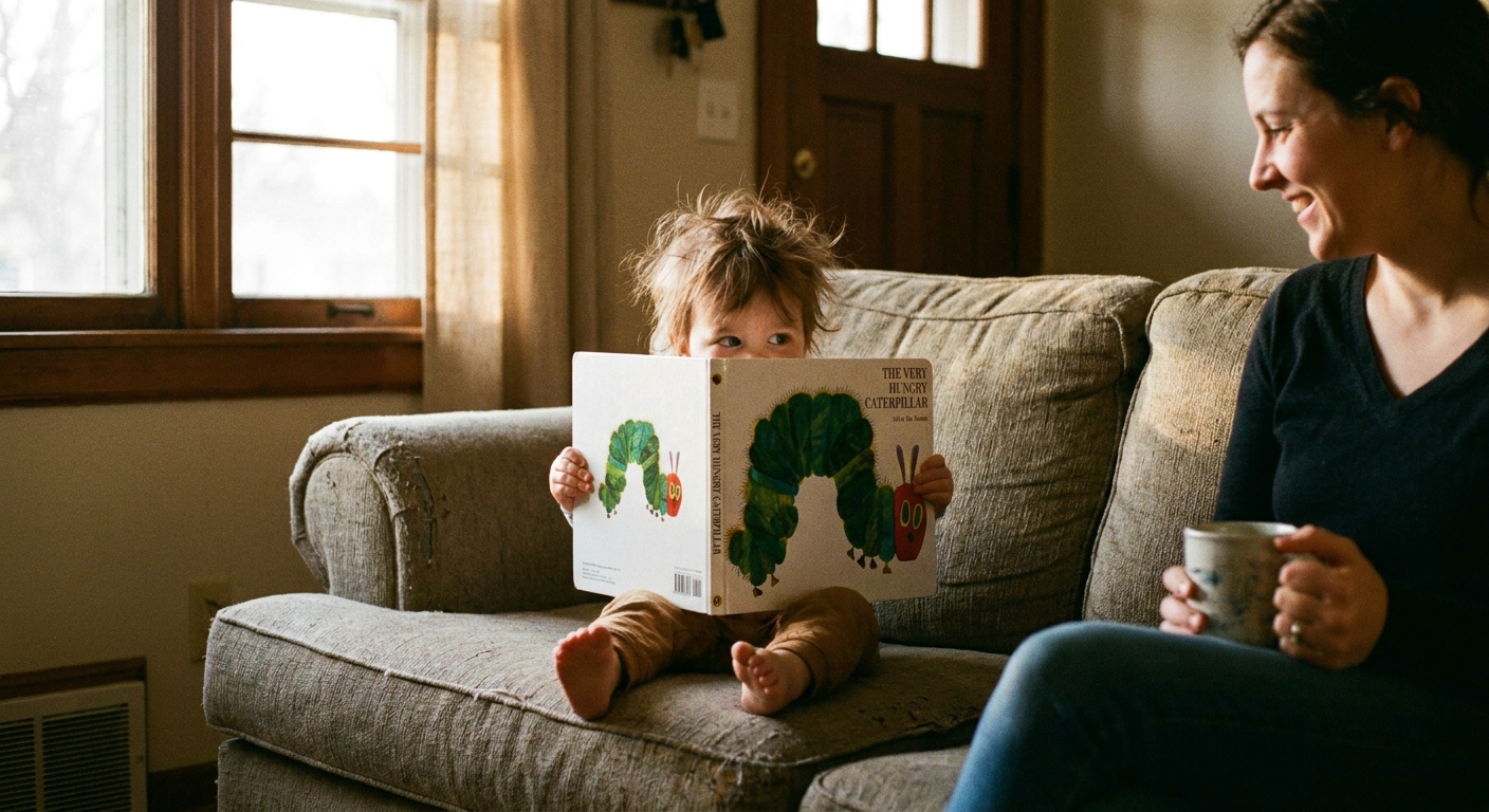 A toddler sitting on a couch holding a picture book close to their face while a parent sits nearby, soft afternoon window light, candid photo style