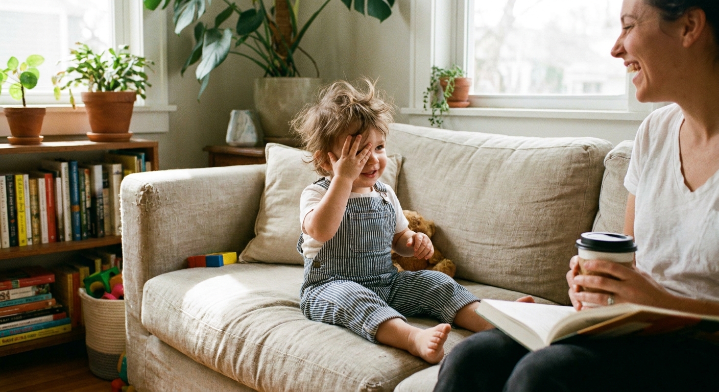 A toddler sitting on a couch in a bright living room, covering one eye with their hand while looking toward a parent, natural family photo