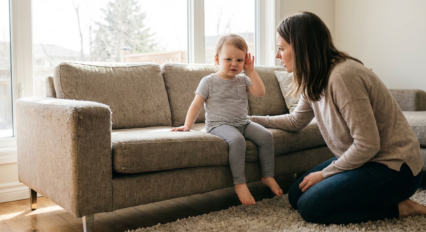 A toddler sitting on a couch with a mildly uncomfortable expression, gently touching one ear while a parent watches closely nearby in a bright living room, photorealistic lifestyle photography
