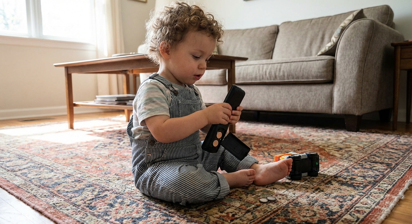A toddler sitting on a living room rug holding a TV remote with the battery cover open, a realistic home photo moment showing how small batteries can be accessible