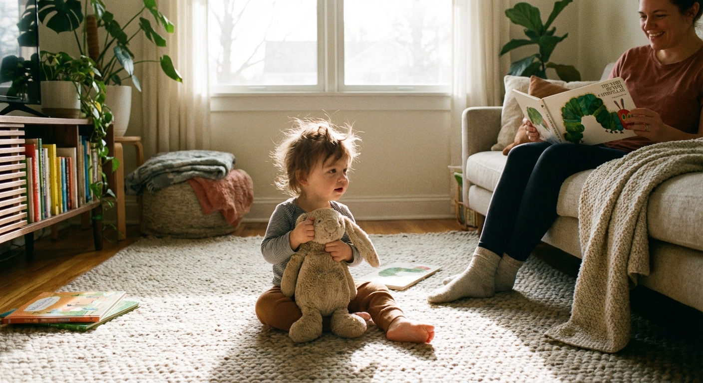 A toddler sitting on a living room rug holding a stuffed animal while a parent reads a picture book nearby, cozy morning light, photorealistic lifestyle photograph