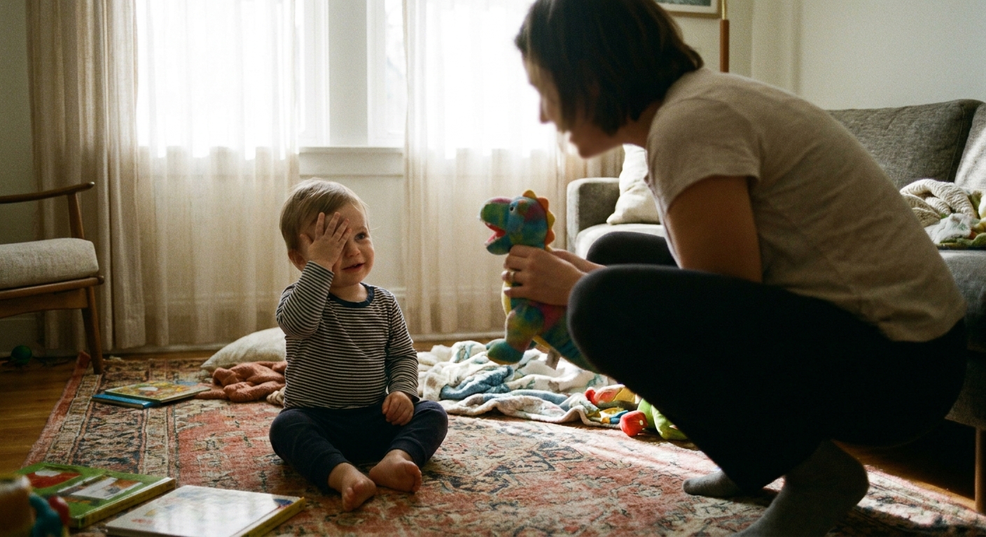 A toddler sitting on a living room rug in soft window light, covering one eye with their hand while looking toward a parent holding a toy, real-life candid photo