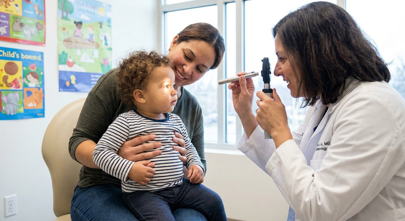 A toddler sitting on a parent’s lap during a pediatric eye exam in a bright clinic, looking toward the doctor’s light, real-life photography style