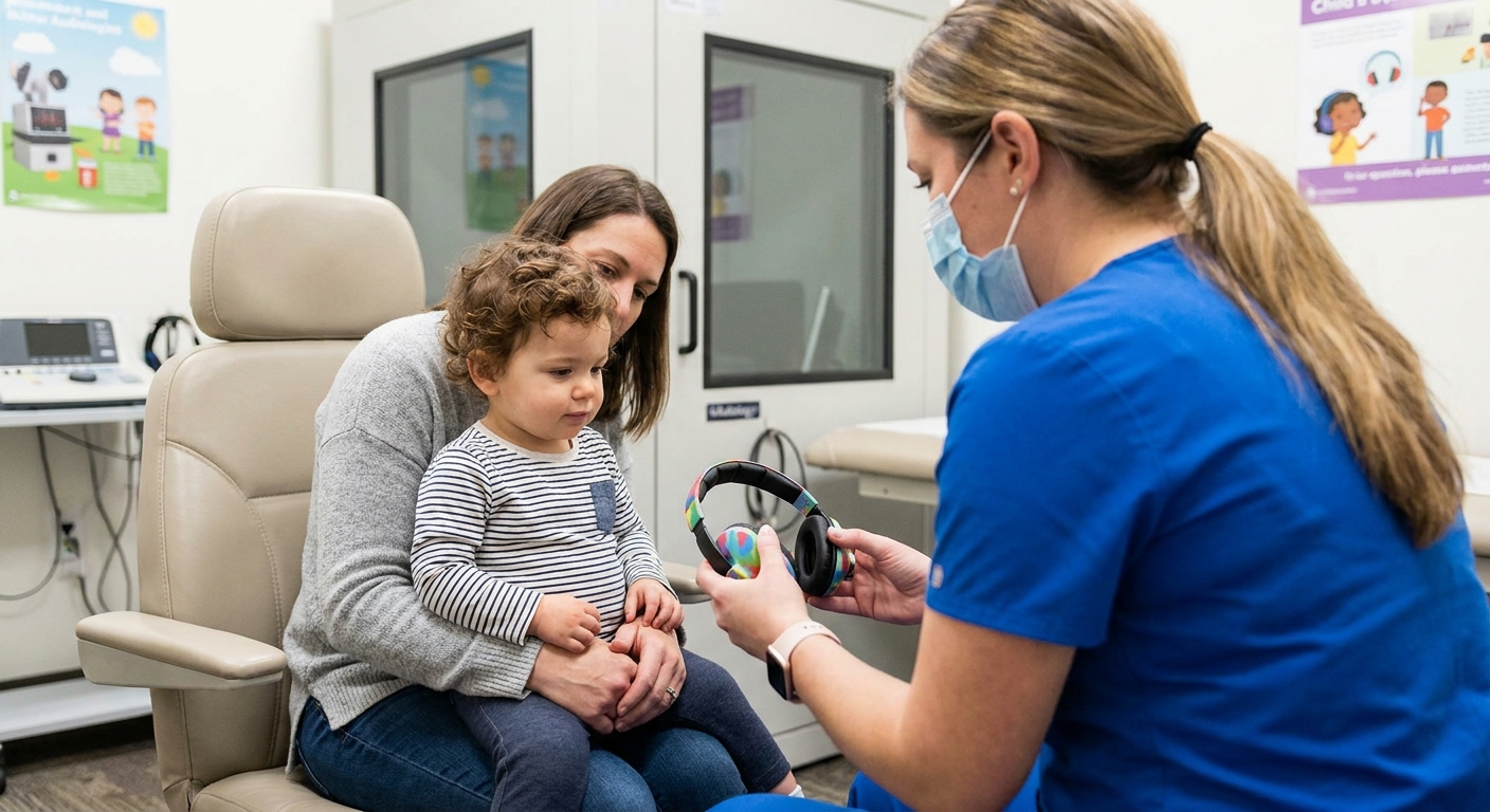 A toddler sitting on a parent's lap in a pediatric audiology clinic while an audiologist prepares headphones for a hearing test, realistic clinical photo style