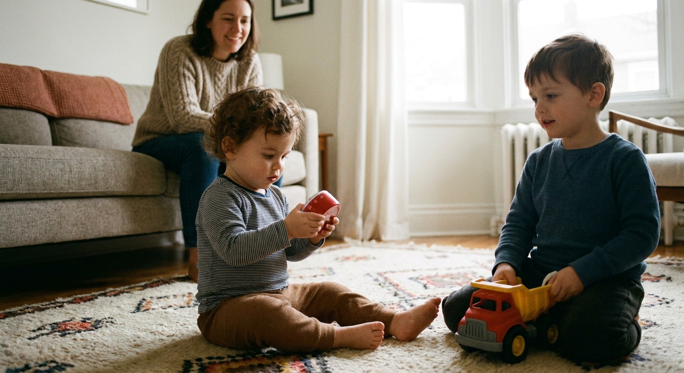 A toddler sitting on a rug holding a small kitchen timer while another child waits nearby with a toy truck, both children supervised by a parent in the background