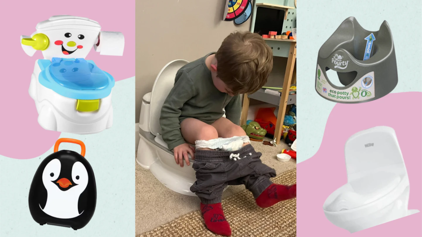 A toddler sitting on a small potty chair in a home bathroom while a parent waits nearby, realistic photo