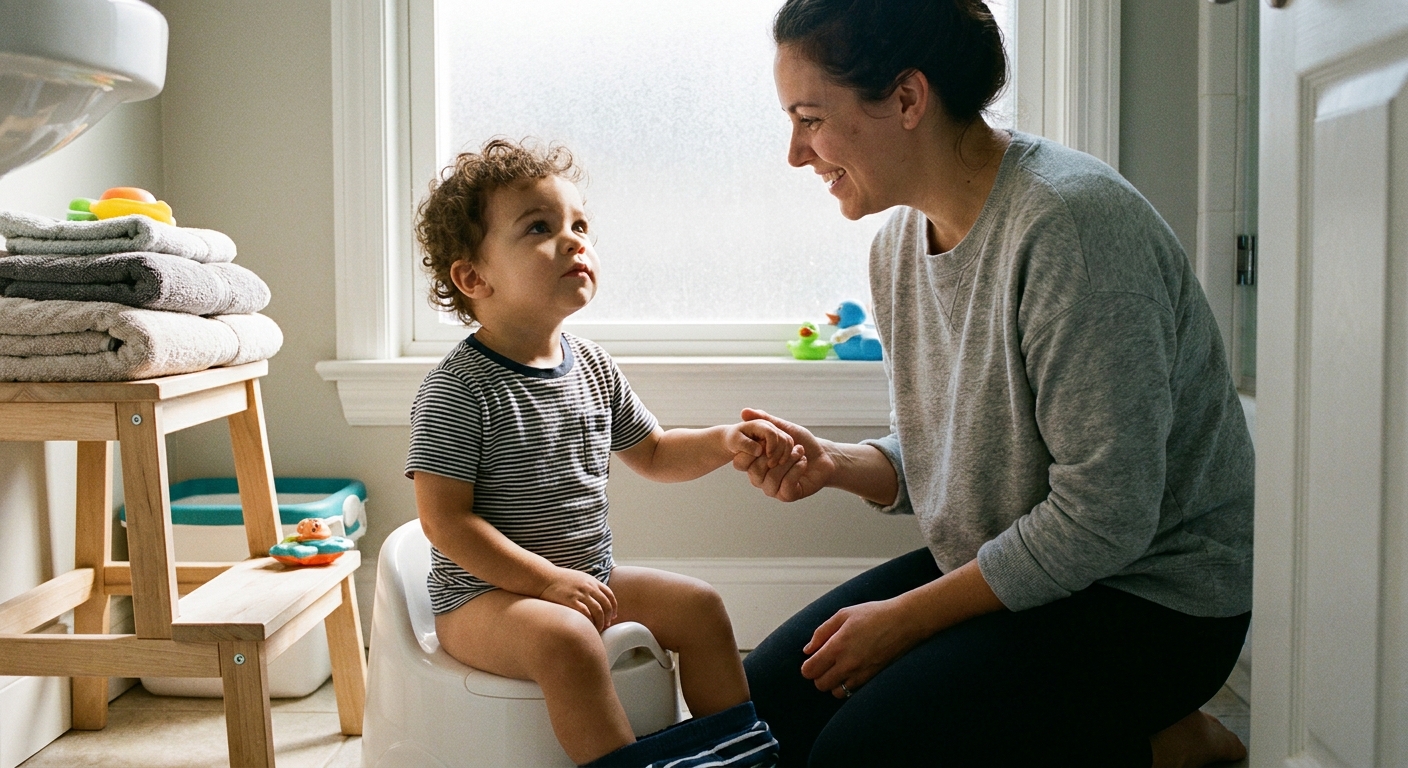 A toddler sitting on a small potty in a bright home bathroom while a parent kneels nearby offering reassurance, realistic photograph