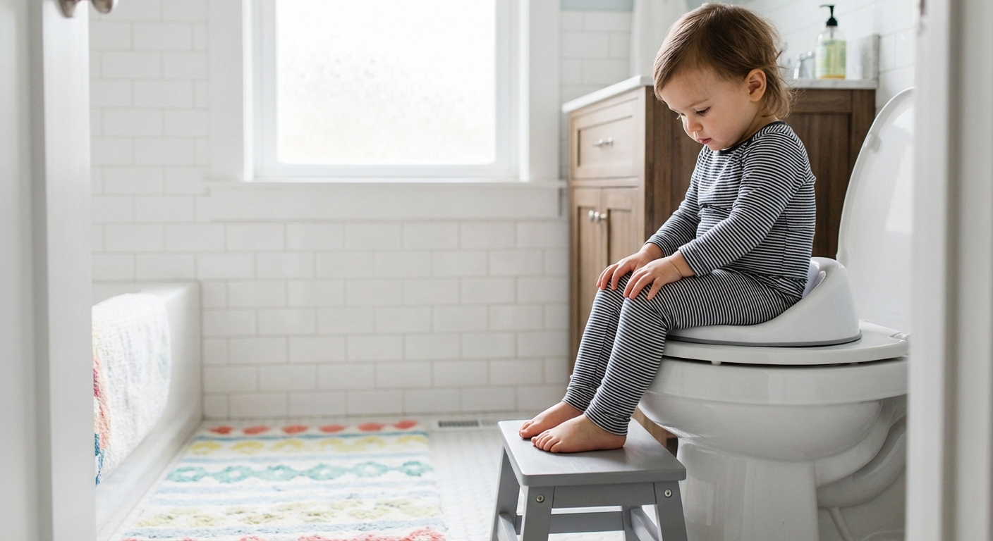 A toddler sitting on a standard toilet seat with a child seat insert, feet supported on a sturdy step stool, hands resting on knees, bright clean bathroom, realistic family photography