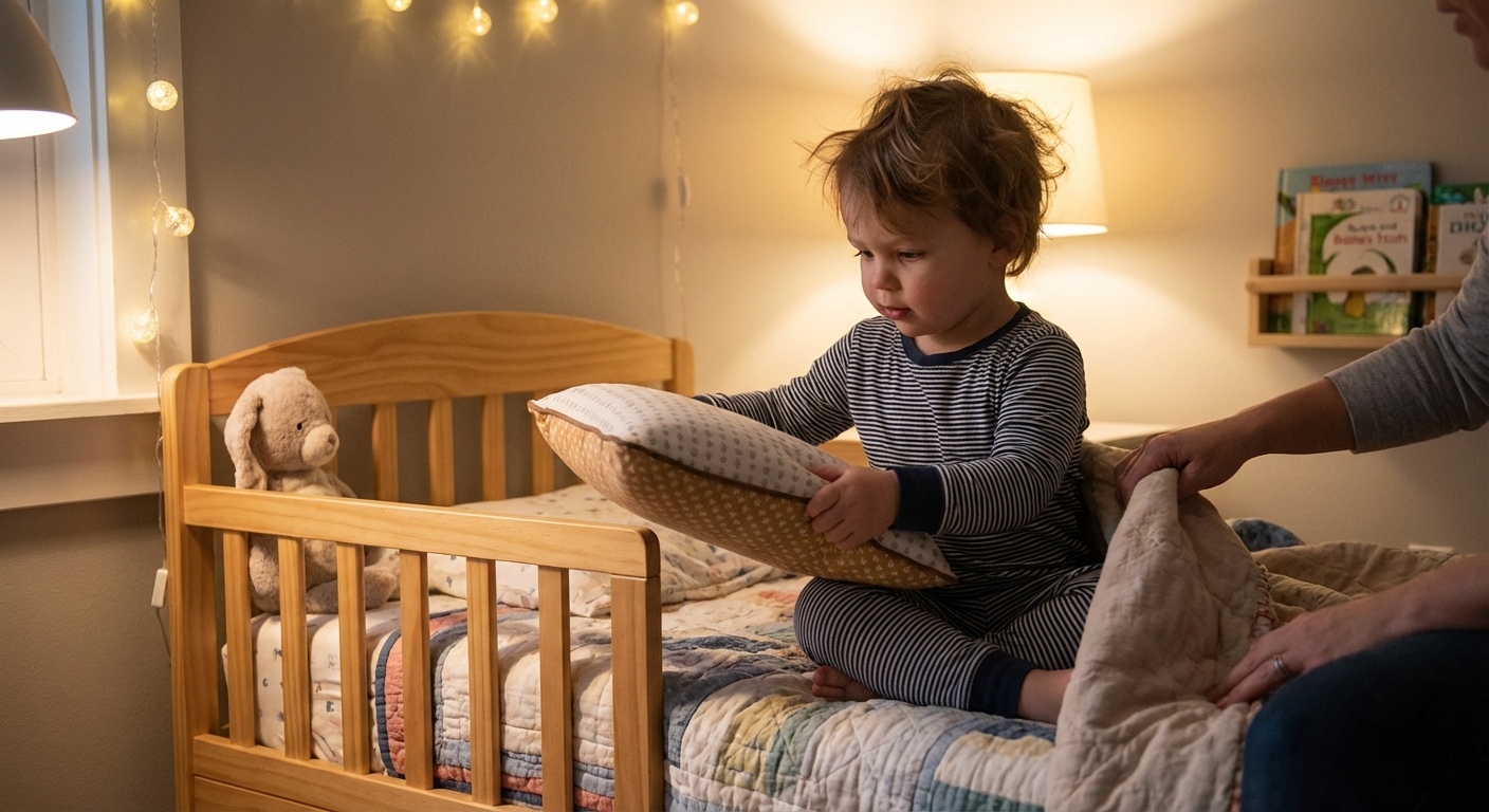 A toddler sitting on a toddler bed holding a small firm toddler pillow while getting ready for bedtime, warm indoor lighting
