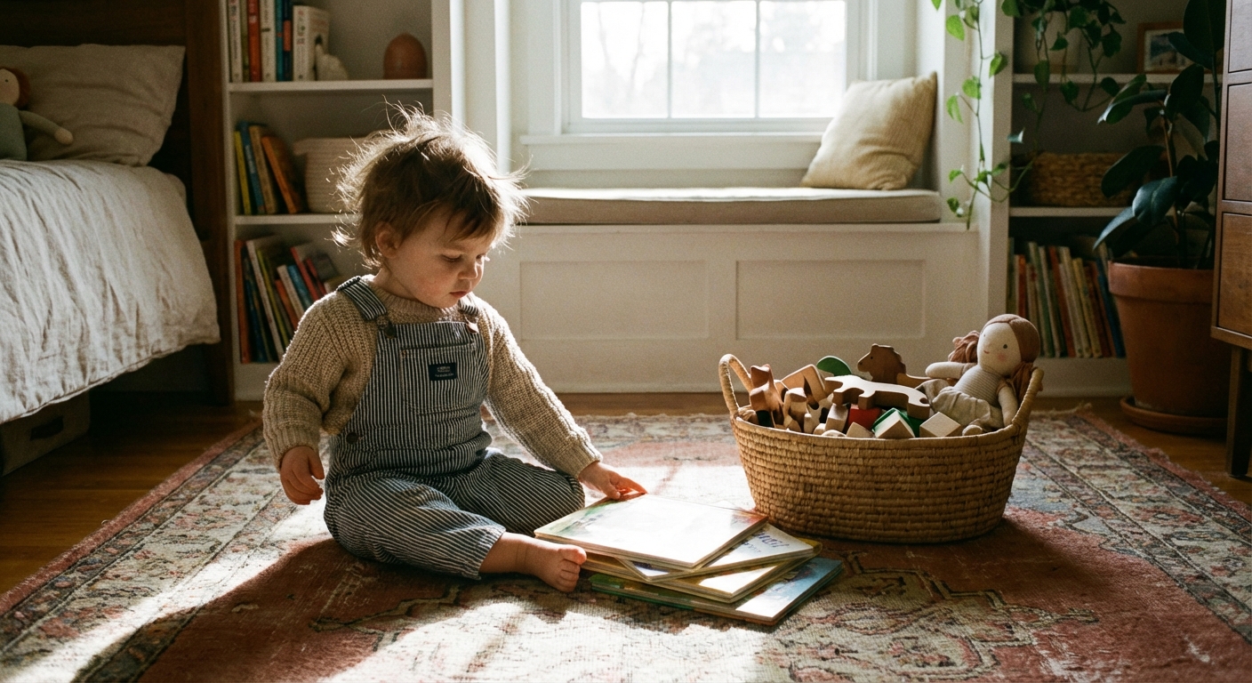 A toddler sitting on the floor in their bedroom looking at picture books next to a small basket of toys, calm midday natural light photo