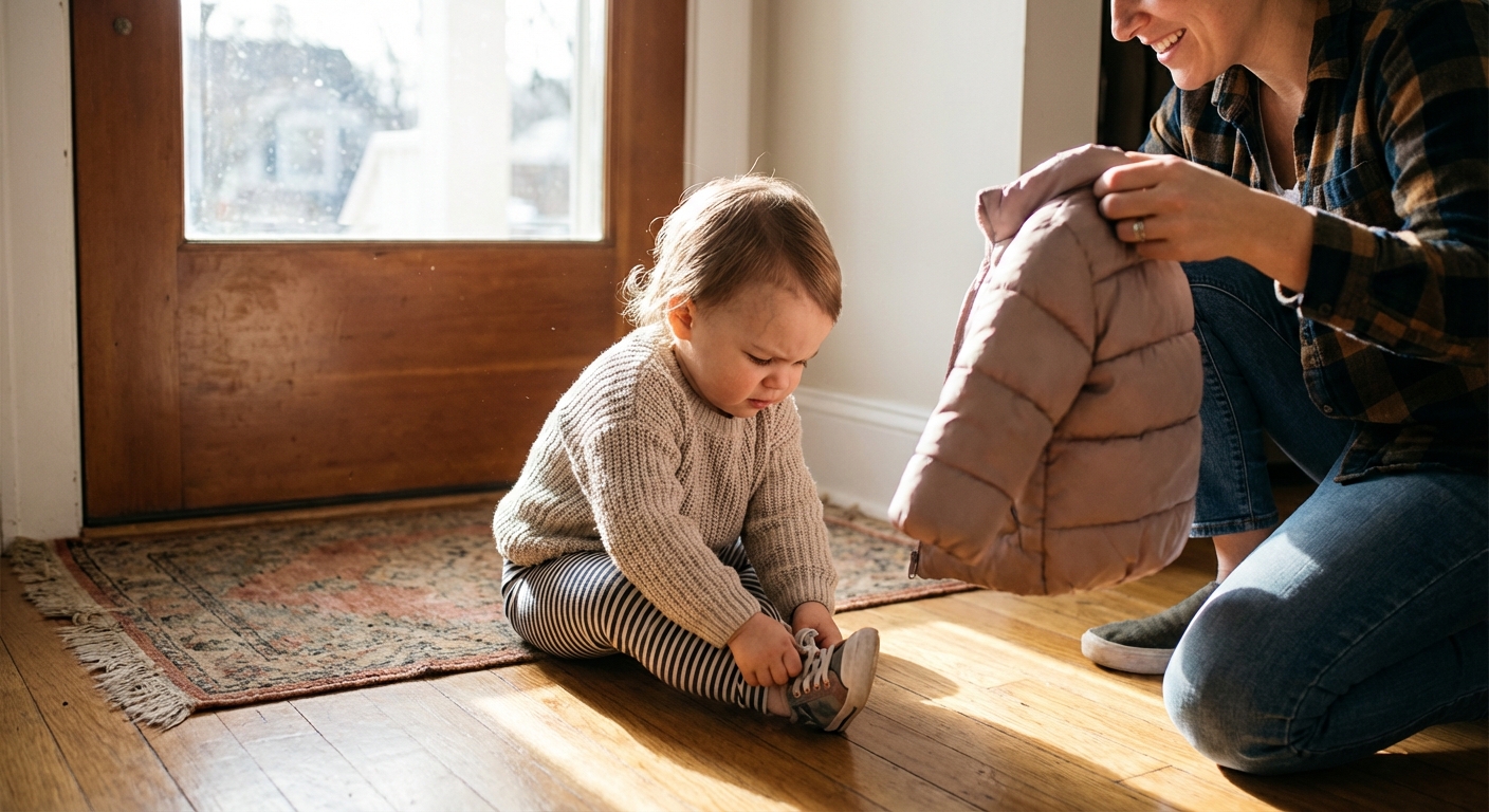 A toddler sitting on the floor near a front door concentrating while putting on sneakers, a parent sitting beside them holding a coat, bright morning indoor light, candid photorealistic photo