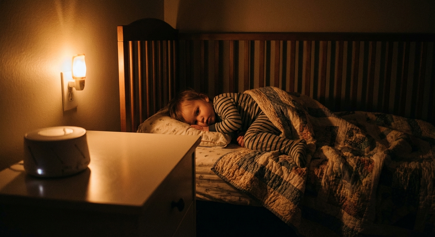 A toddler sleeping peacefully in a crib or toddler bed in a dark, quiet bedroom with a soft nightlight glow and white noise machine on a dresser, realistic low-light photo