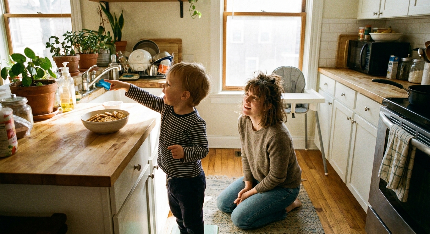 A toddler standing in a bright kitchen pointing toward a snack on the counter while a parent kneels nearby listening, real life candid photo