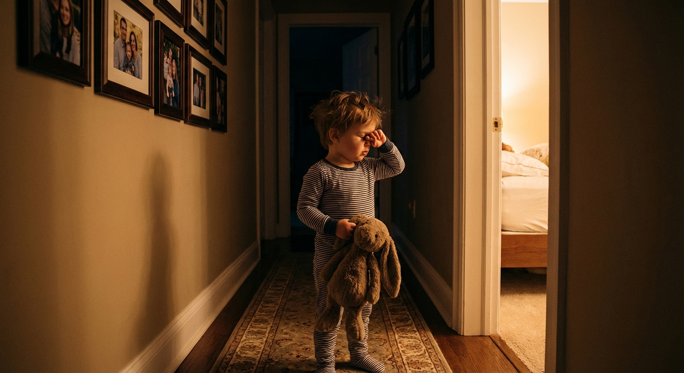 A toddler standing in a hallway at night holding a stuffed animal and looking sleepily toward a bedroom door, soft indoor lighting and cozy home setting, realistic lifestyle photograph