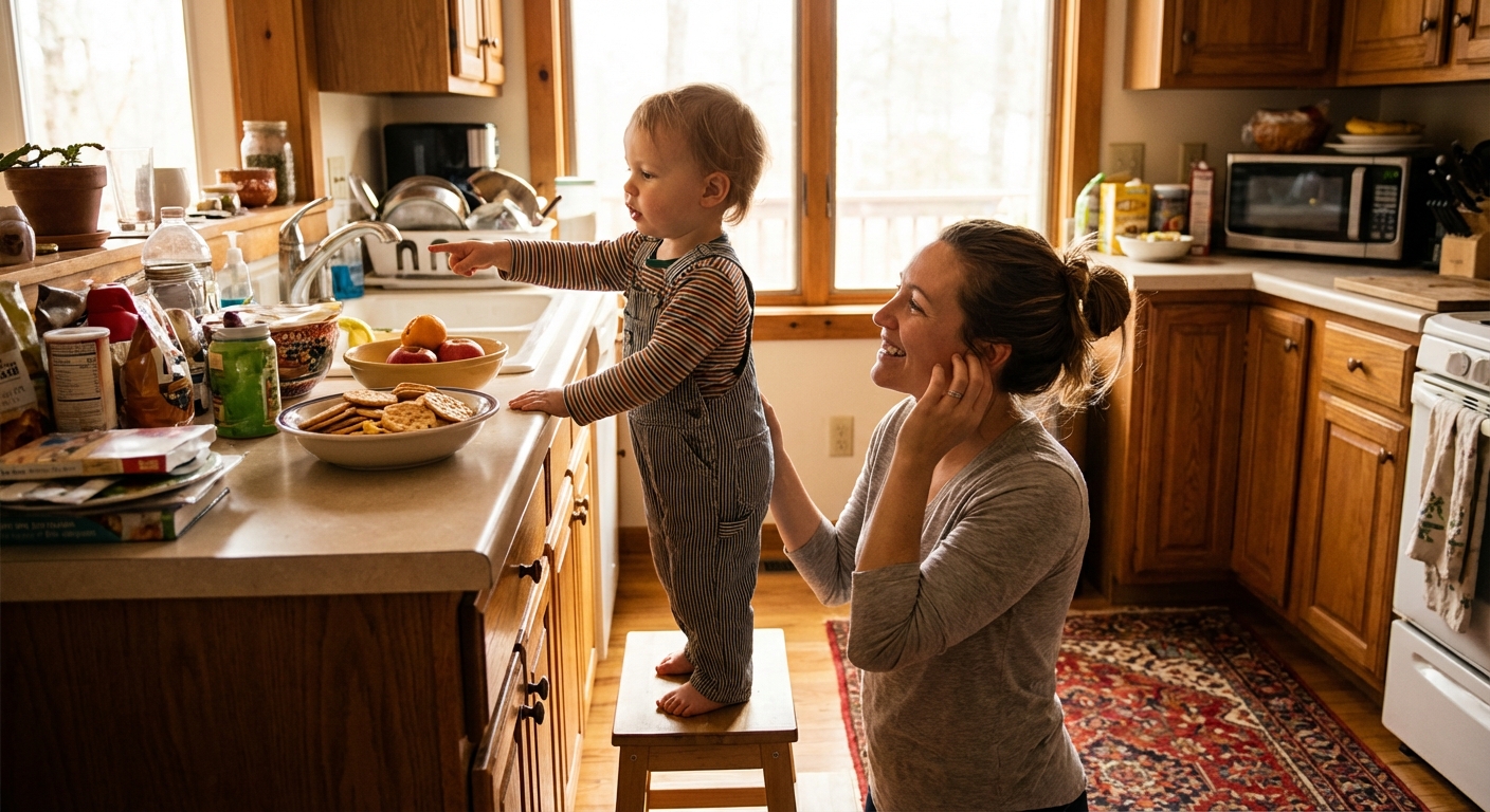 A toddler standing in a kitchen pointing toward a snack on the counter while a parent kneels nearby listening and responding, warm indoor light, candid family photograph