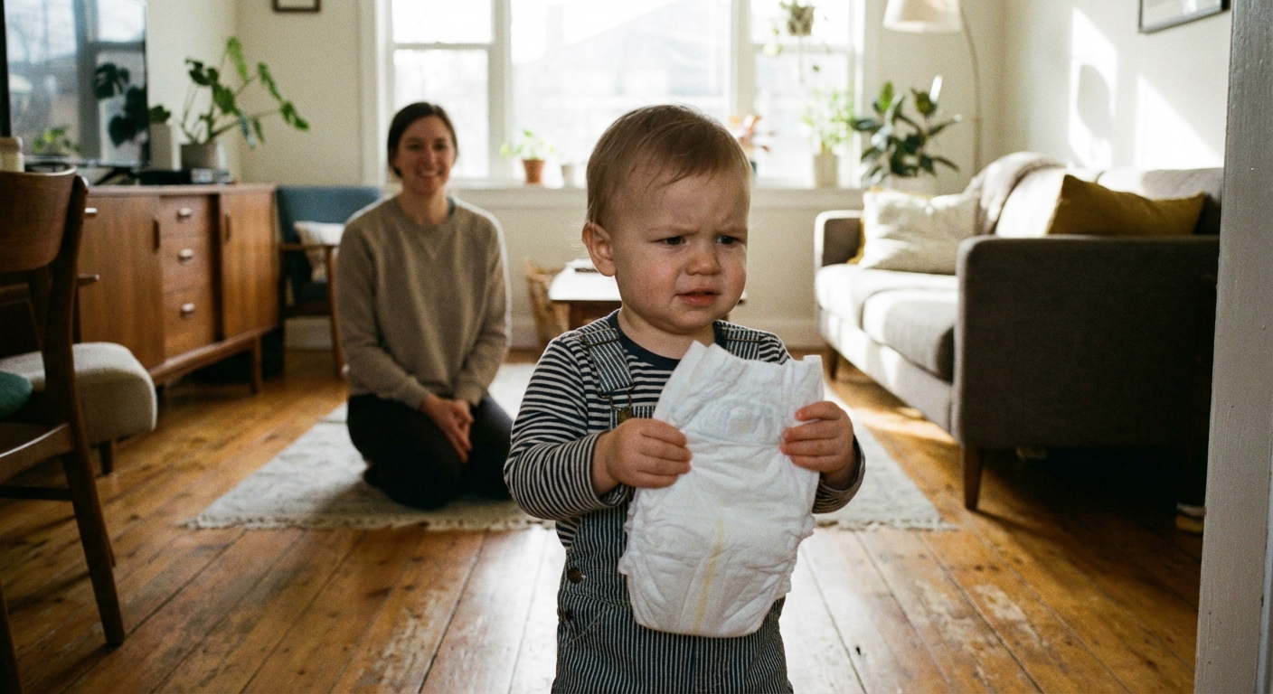 A toddler standing in a living room holding a clean diaper while looking uncertain, with a parent in the background calmly kneeling at the child’s level, natural indoor light, candid family photograph