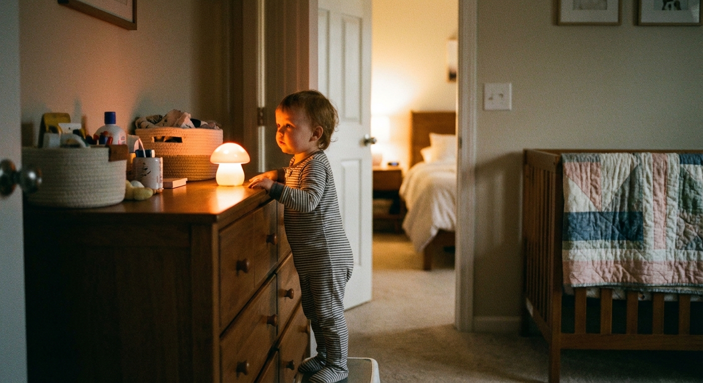 A toddler standing in pajamas next to a small night light on a dresser, looking toward a softly lit bedroom doorway, realistic home photo