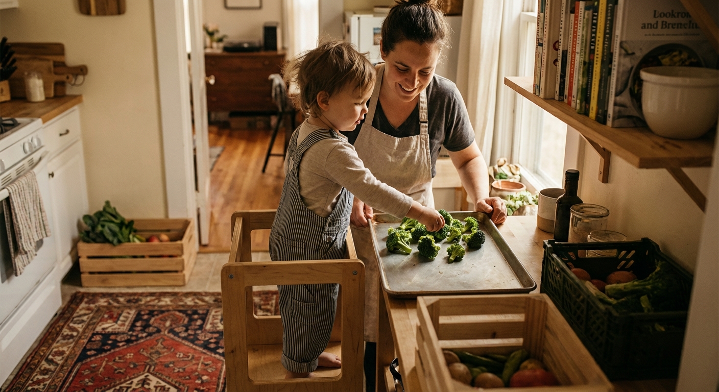 A toddler standing on a kitchen helper stool next to a parent, placing broccoli florets on a baking sheet, warm home kitchen lighting, candid photorealistic