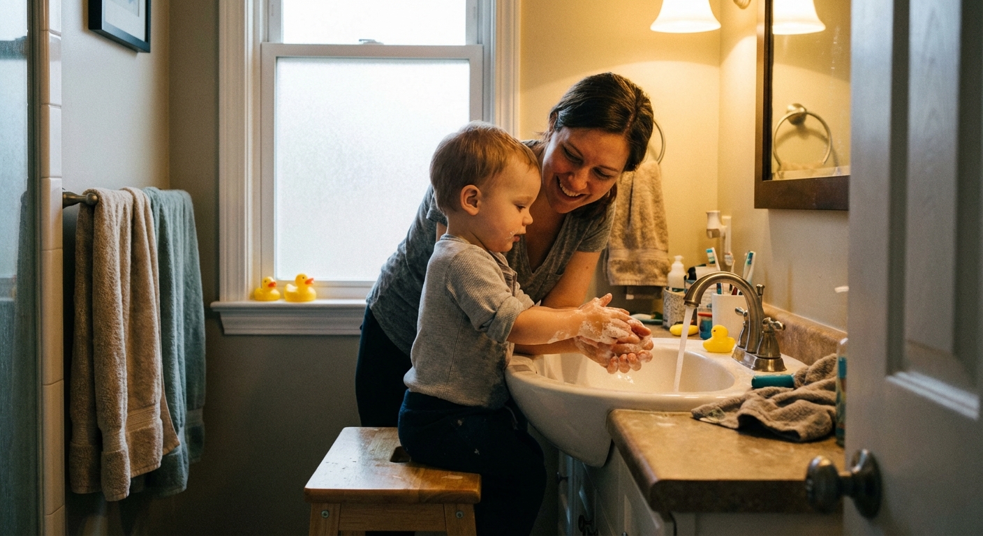 A toddler standing on a small step stool at a bathroom sink washing hands with a parent nearby, warm indoor lighting, candid realistic photo