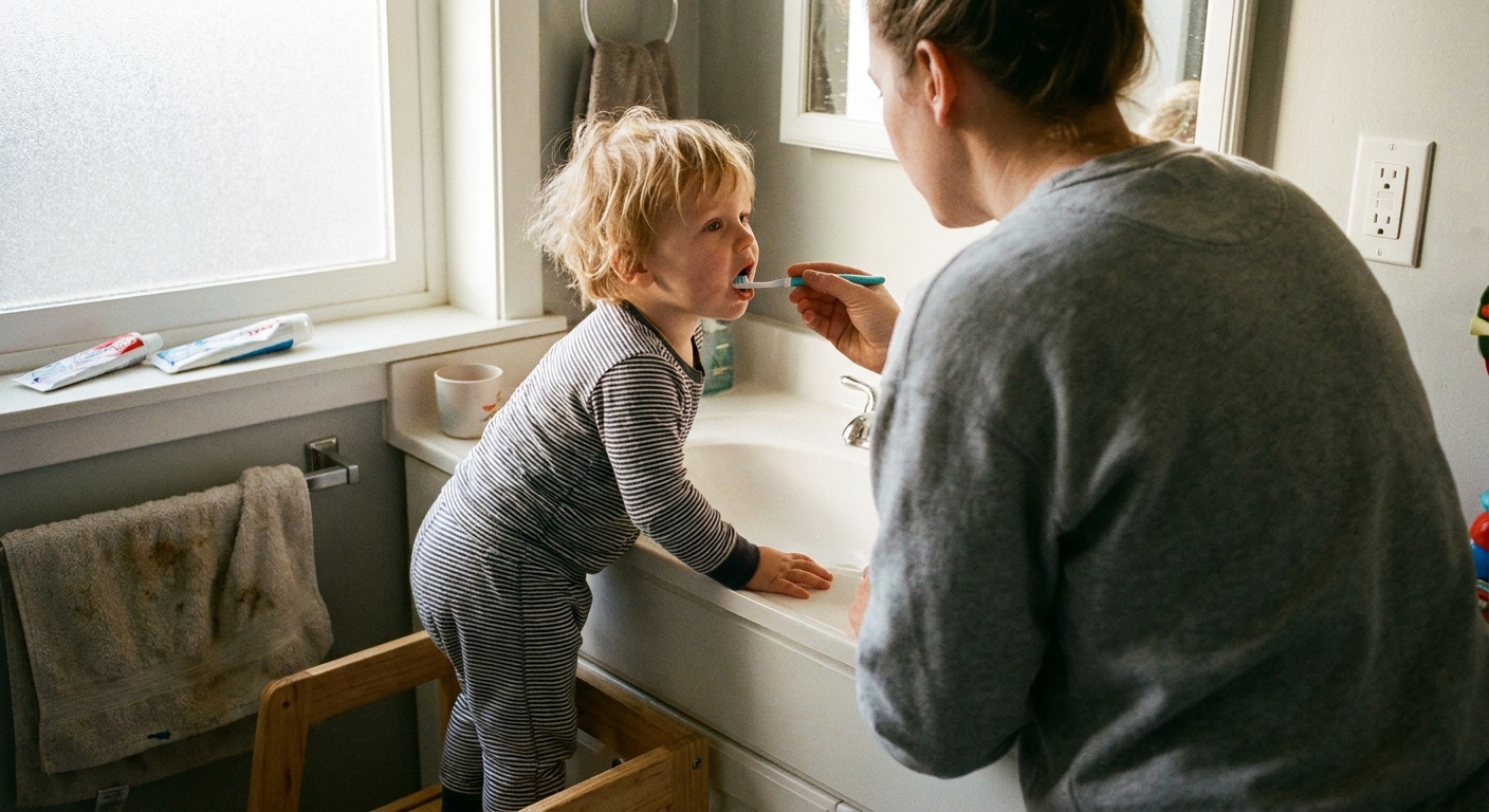 A toddler standing on a step stool at a bathroom sink while a parent helps guide a small toothbrush during morning toothbrushing, real-life home photo