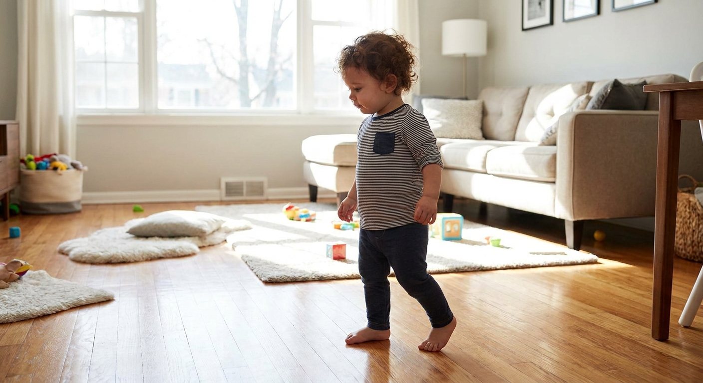 A toddler walking barefoot across a bright living room floor, showing a typical toddler gait with slightly turned-out feet, natural candid photograph